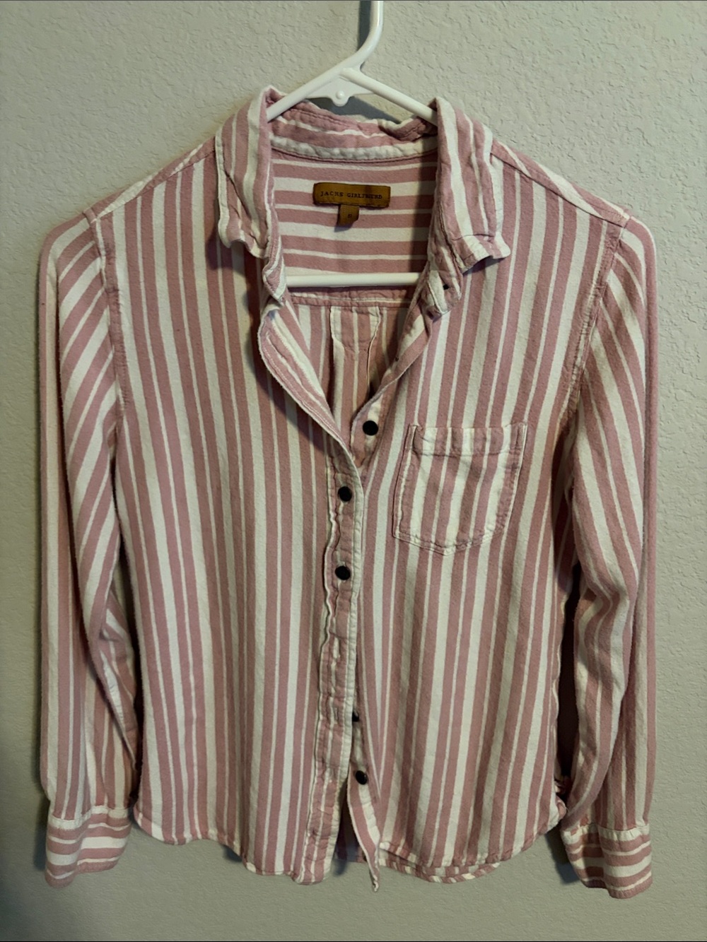 JACHS Girlfriend Pink and White Striped Casual Button-Down